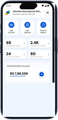 The Nucleus mobile app showing a school's finance dashboard with pending payments, receipts and monthly income